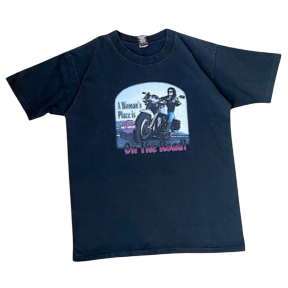 Vintage Harley Davidson Black Motorcycle Tee “A Woman’s Place Is On The Road”